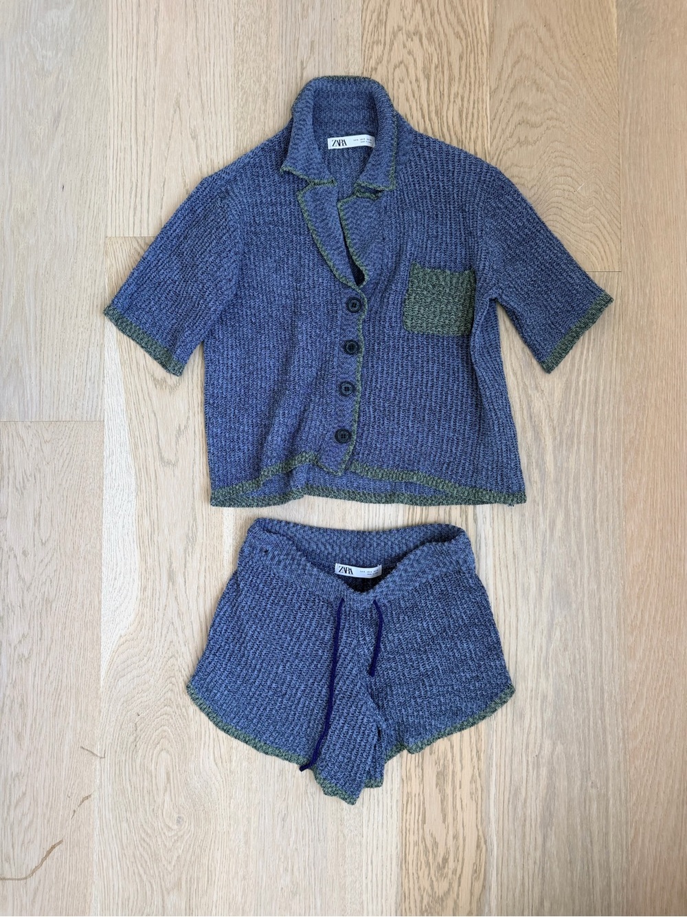 Zara Two Piece Blue Knit Set Drawstring Shorts and Short Sleeve Button Top